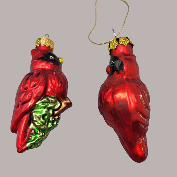 Blown Glass Red Cardinal Bird Christmas Ornaments Set Of 2 Holiday Tree Decor - Picture 1 of 8